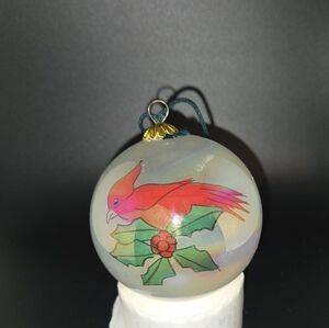 Vintage Reverse Painted Glass Christmas Tree Ornament. Cardinal